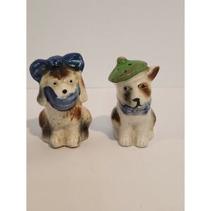 Vintage Mom & Pop Puppy Dog French Beret Bow Occupied Japan Salt Pepper Shakers
